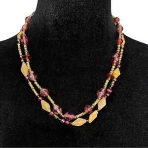Set of 2 Beaded Necklaces Gold Tone Purple Peach Glass Natural Stone Mix